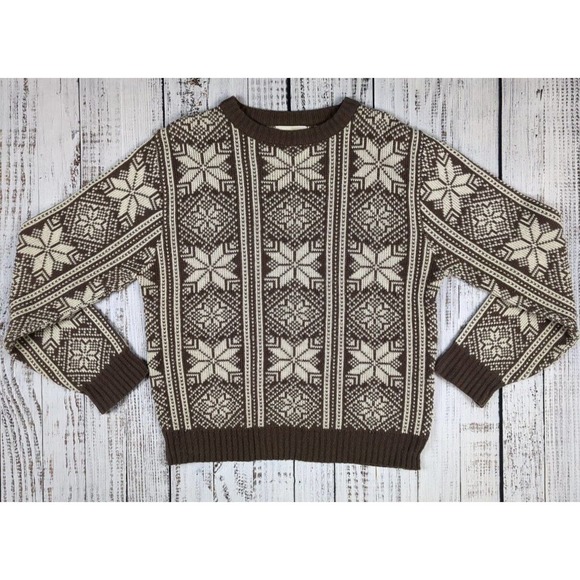 Vtg Chunky Thick Knit Acrylic Sweater Fair‎ Isle Snowflake Pullover Ski Jumper M - Picture 1 of 3